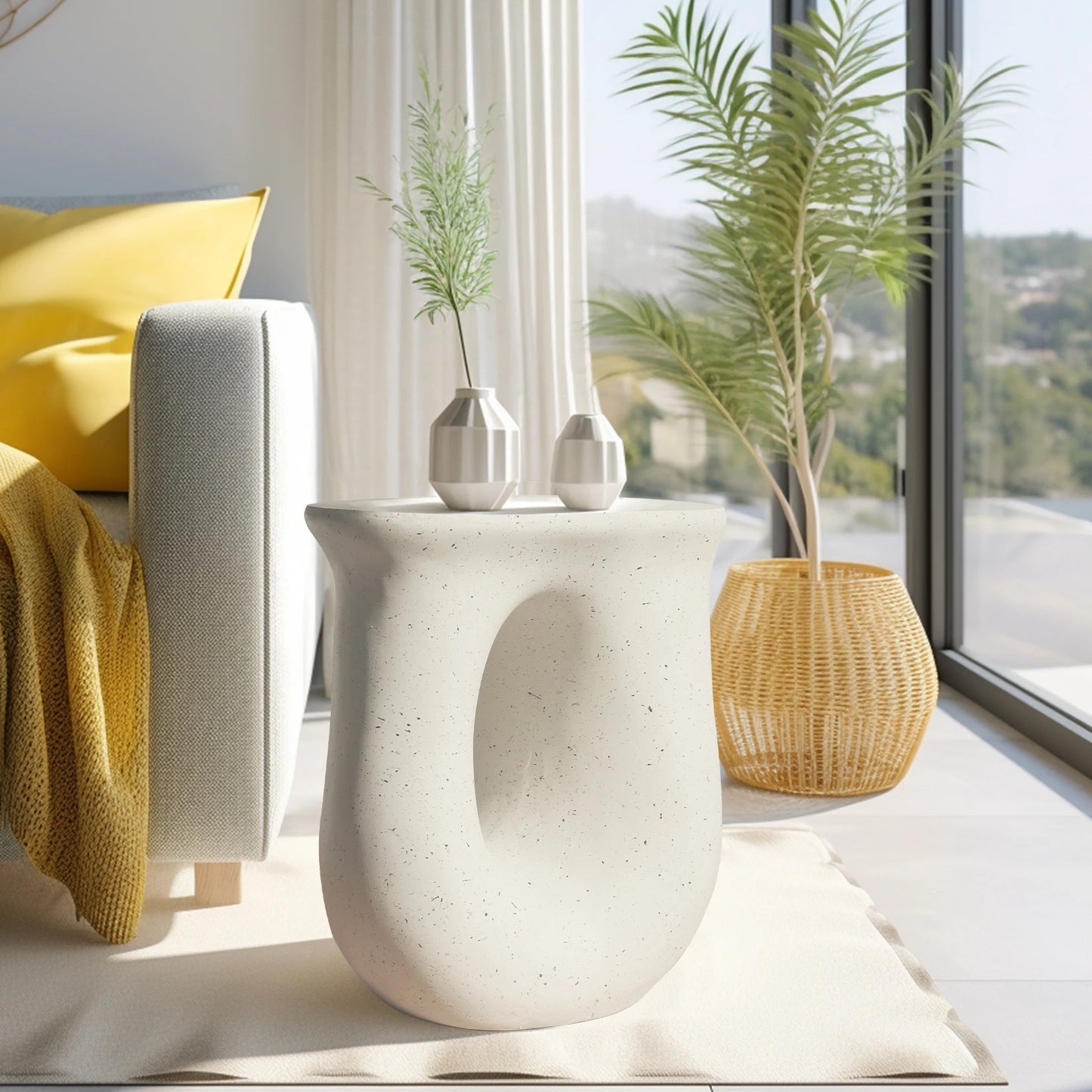 Modern Style Geometric Side Coffee Table │ Pedestal Lightweight Concrete Nightstand Table Furniture