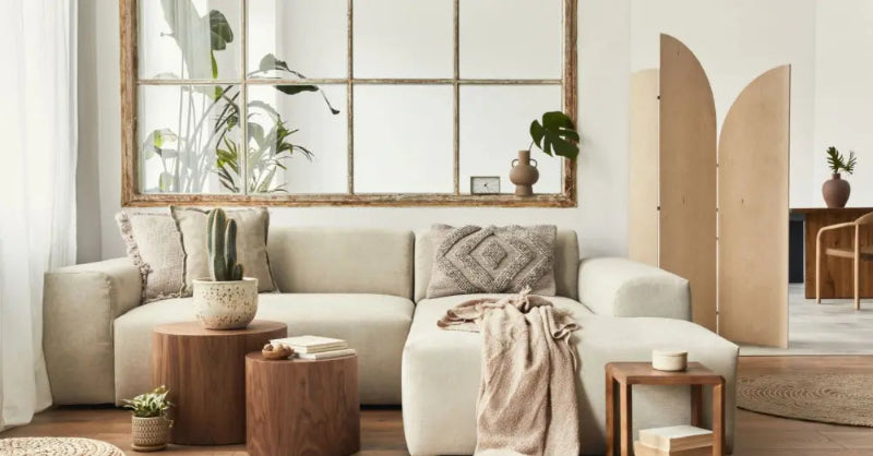 Modern living room with a beige sofa, wooden coffee table, and decorative items.