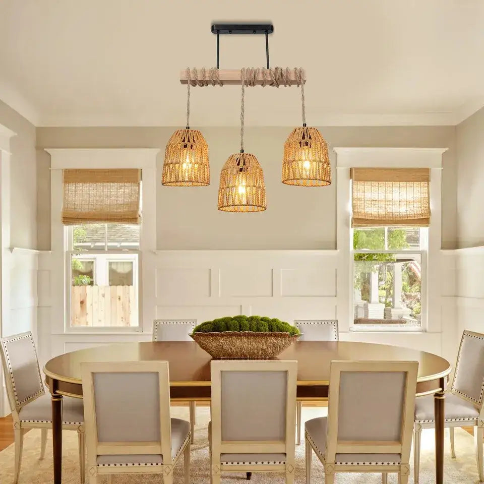 Boho style Rattan 3-light Chandelier Hanging Lamp │ Woven Pendant Lighting For Home Decor - Besontique Home