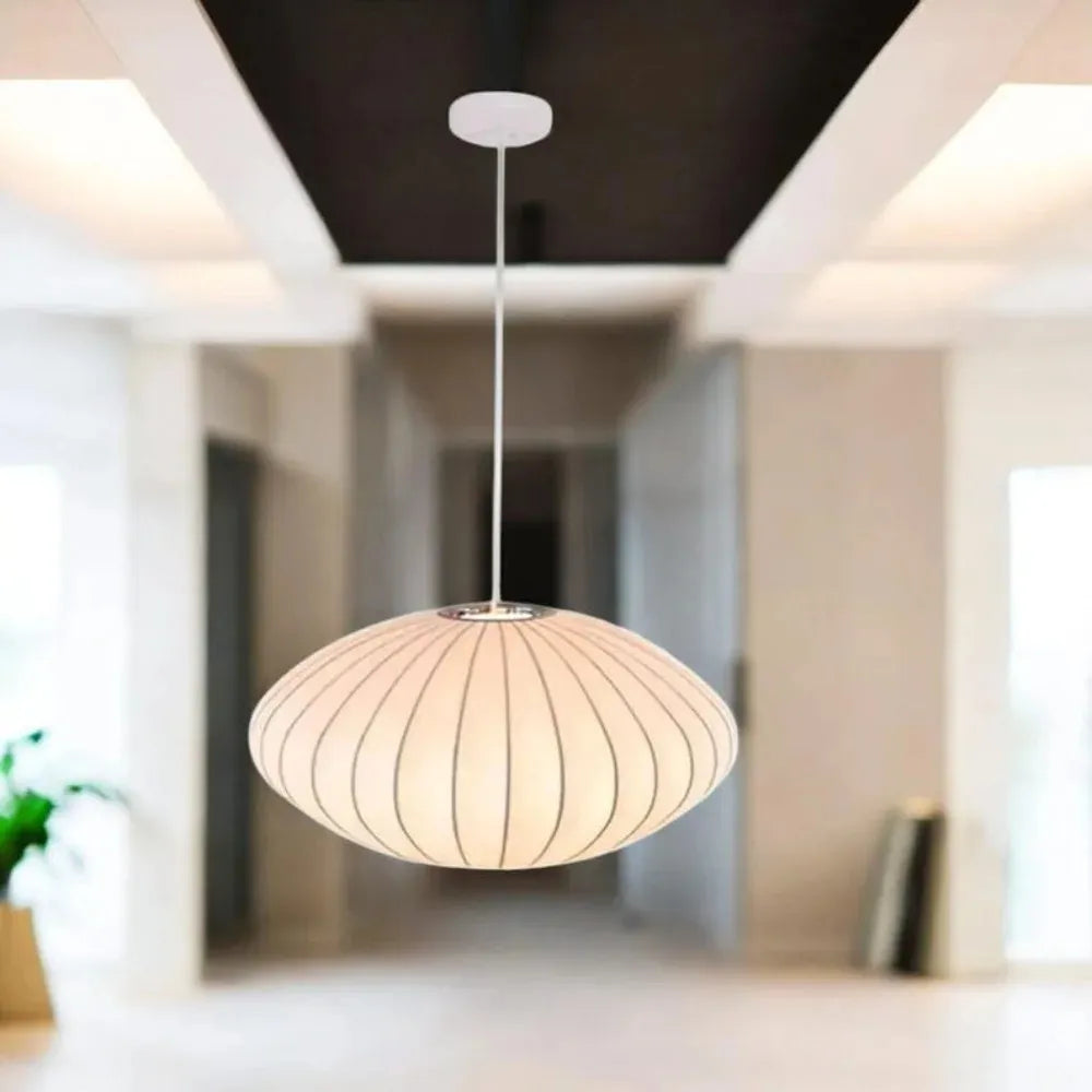 Minimal Nordic Silk Fabric Pendant Light │ Japandi style White Ceiling Hanging Chandelier
