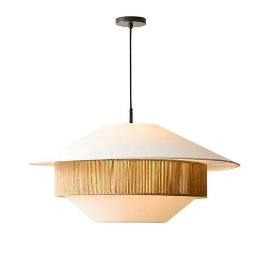 Modern pendant light with wooden and white design on a white background