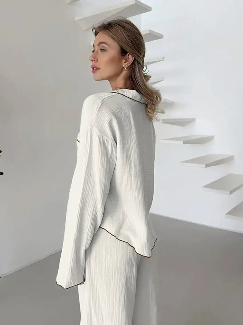 Cotton Turn-Down Collar White Long Sleeve 2 Piece Set │ Homewear Pajamas - Besontique Home