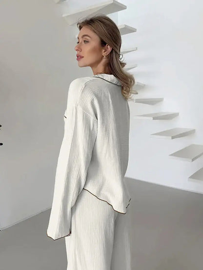 Cotton Turn-Down Collar White Long Sleeve 2 Piece Set │ Homewear Pajamas - Besontique Home