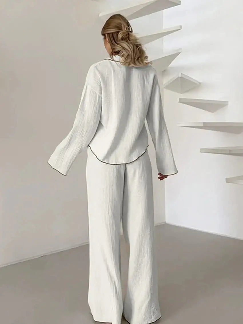 Cotton Turn-Down Collar White Long Sleeve 2 Piece Set │ Homewear Pajamas - Besontique Home