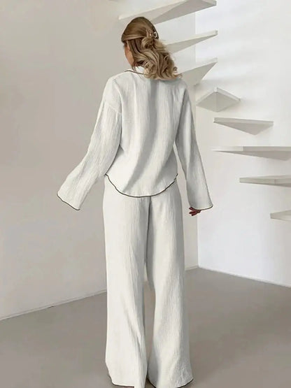 Cotton Turn-Down Collar White Long Sleeve 2 Piece Set │ Homewear Pajamas - Besontique Home