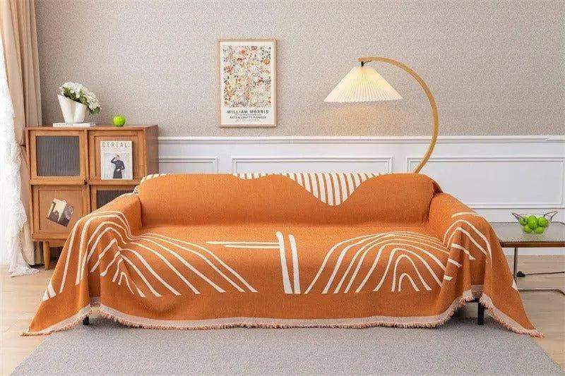 8 Chenille Line Pattern Throw Blanket with Tassel │ Simple Nordic Jacquard Reversible Double Sided Sofa Cover - Besontique Home
