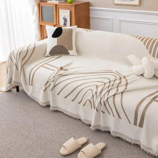 8 Chenille Line Pattern Throw Blanket with Tassel │ Simple Nordic Jacquard Reversible Double Sided Sofa Cover - Besontique Home