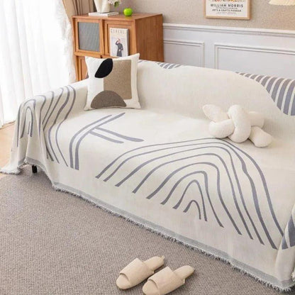 8 Chenille Line Pattern Throw Blanket with Tassel │ Simple Nordic Jacquard Reversible Double Sided Sofa Cover - Besontique Home