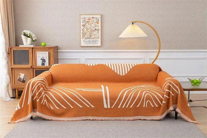 8 Chenille Line Pattern Throw Blanket with Tassel │ Simple Nordic Jacquard Reversible Double Sided Sofa Cover - Besontique Home