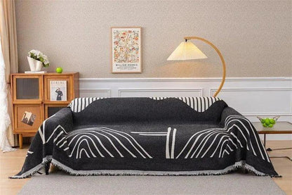 8 Chenille Line Pattern Throw Blanket with Tassel │ Simple Nordic Jacquard Reversible Double Sided Sofa Cover - Besontique Home