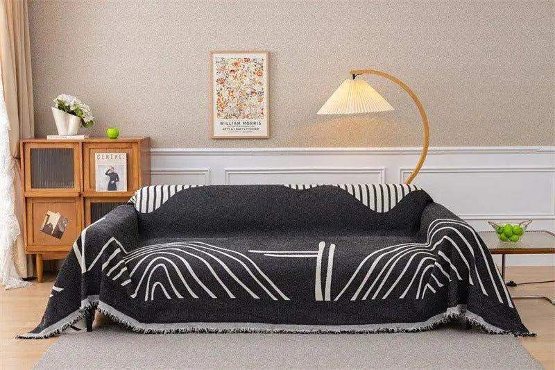 8 Chenille Line Pattern Throw Blanket with Tassel │ Simple Nordic Jacquard Reversible Double Sided Sofa Cover - Besontique Home
