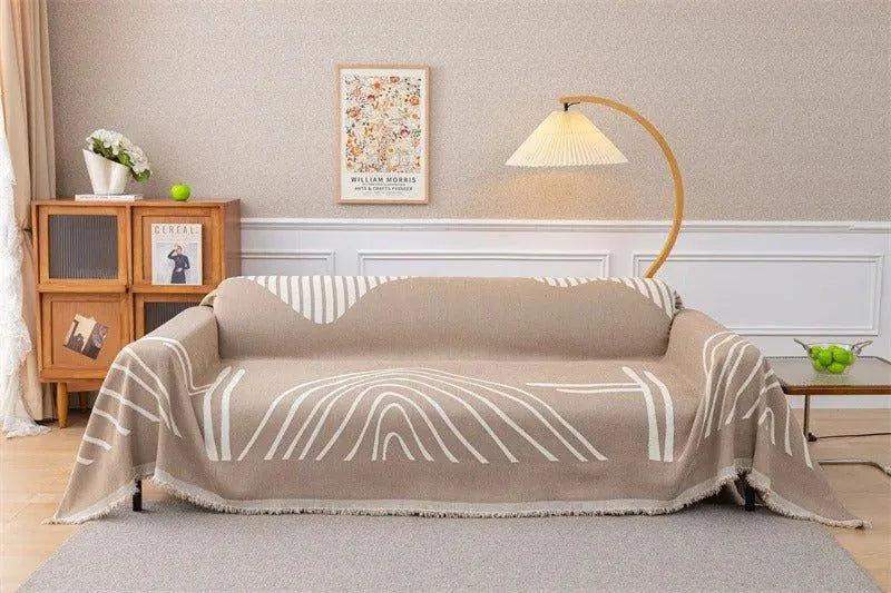 8 Chenille Line Pattern Throw Blanket with Tassel │ Simple Nordic Jacquard Reversible Double Sided Sofa Cover - Besontique Home