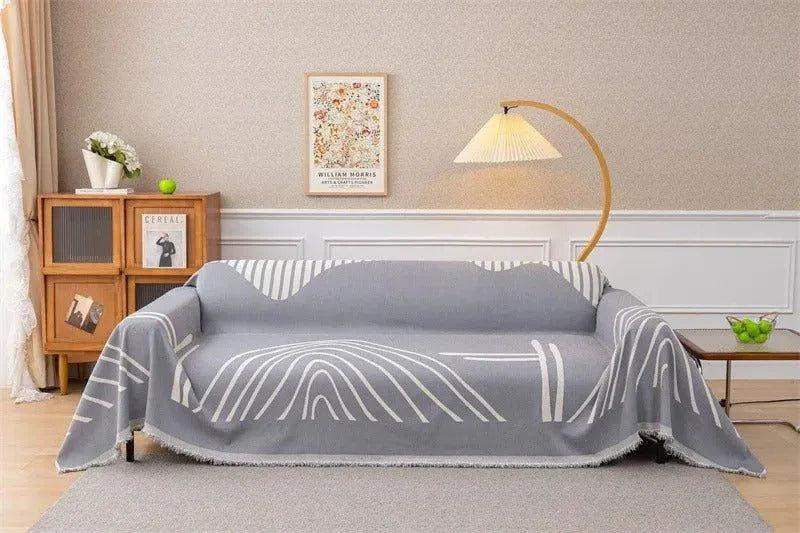 8 Chenille Line Pattern Throw Blanket with Tassel │ Simple Nordic Jacquard Reversible Double Sided Sofa Cover - Besontique Home