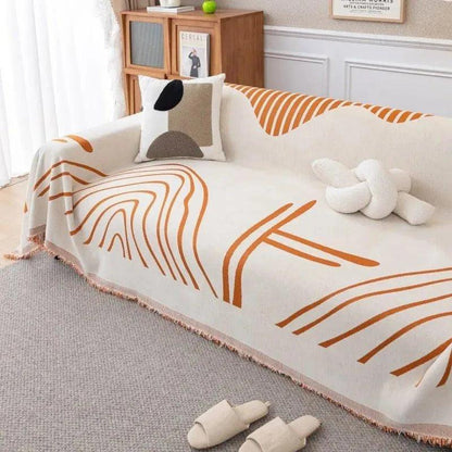 8 Chenille Line Pattern Throw Blanket with Tassel │ Simple Nordic Jacquard Reversible Double Sided Sofa Cover - Besontique Home