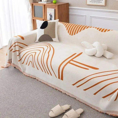 8 Chenille Line Pattern Throw Blanket with Tassel │ Simple Nordic Jacquard Reversible Double Sided Sofa Cover - Besontique Home