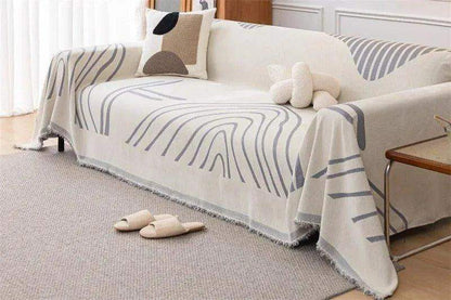 8 Chenille Line Pattern Throw Blanket with Tassel │ Simple Nordic Jacquard Reversible Double Sided Sofa Cover - Besontique Home