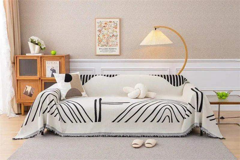8 Chenille Line Pattern Throw Blanket with Tassel │ Simple Nordic Jacquard Reversible Double Sided Sofa Cover - Besontique Home