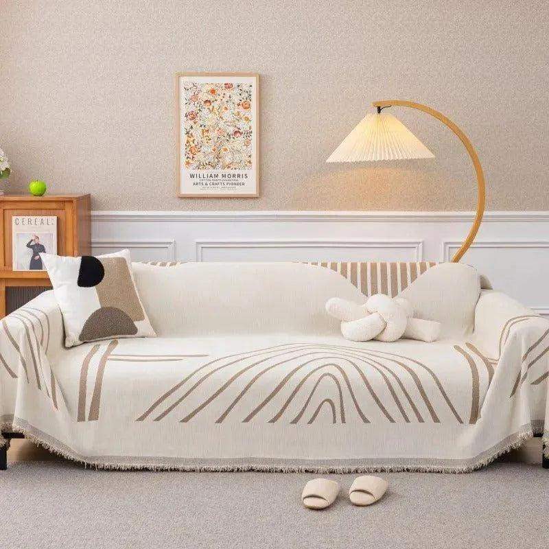 8 Chenille Line Pattern Throw Blanket with Tassel │ Simple Nordic Jacquard Reversible Double Sided Sofa Cover - Besontique Home
