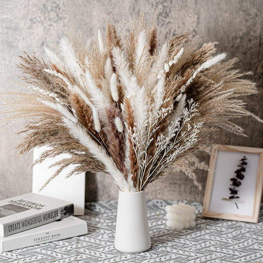 80 pcs (white / brown / beige mix) Natural Dried Pampas Grass │ Premium Dry Bouquet for Modern Boho Home Decoration - Besontique