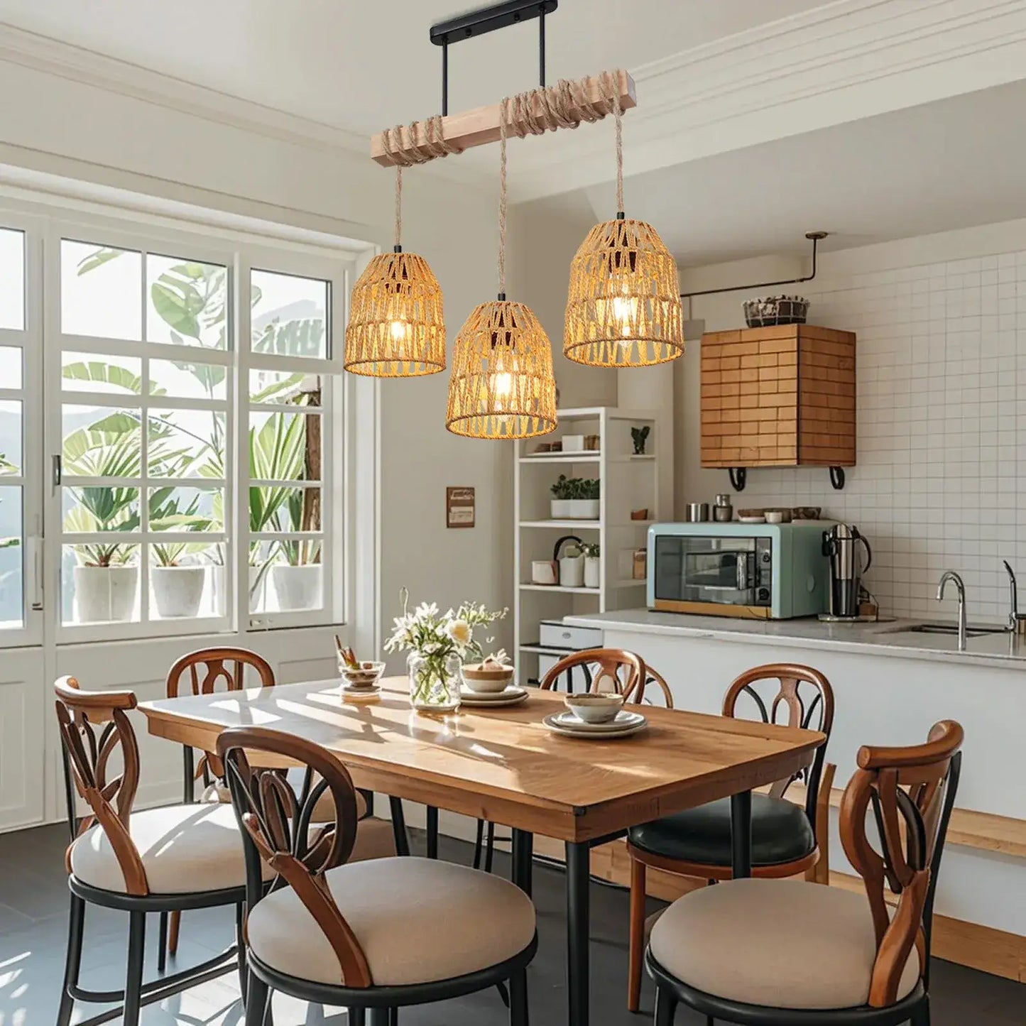 Boho style Rattan 3-light Chandelier Hanging Lamp │ Woven Pendant Lighting For Home Decor - Besontique Home