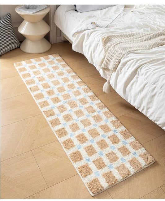 Beige Skyblue Plaid Bedroom Tufted Rug │ Chessboard Pattern Anti Slip Fluffy Bathroom Floor Mat