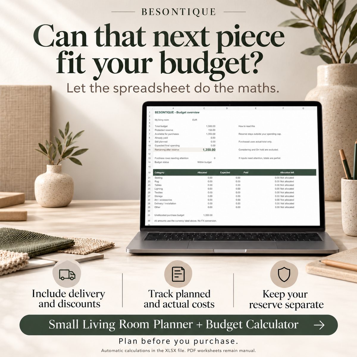 A promotional graphic for a Besontique Small Living Room Planner and Budget Calculator. The image shows a laptop on a wooden desk displaying a spreadsheet template, surrounded by home decor props like vases, books, and a notebook.