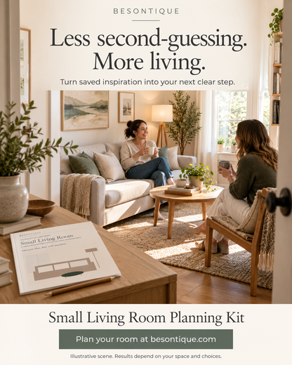 Promotional graphic for the Besontique Small Living Room Planning Kit, featuring a warm, sunlit interior scene of two women conversing in a cozy living room. In the foreground, a wooden table displays a printed planning booklet.