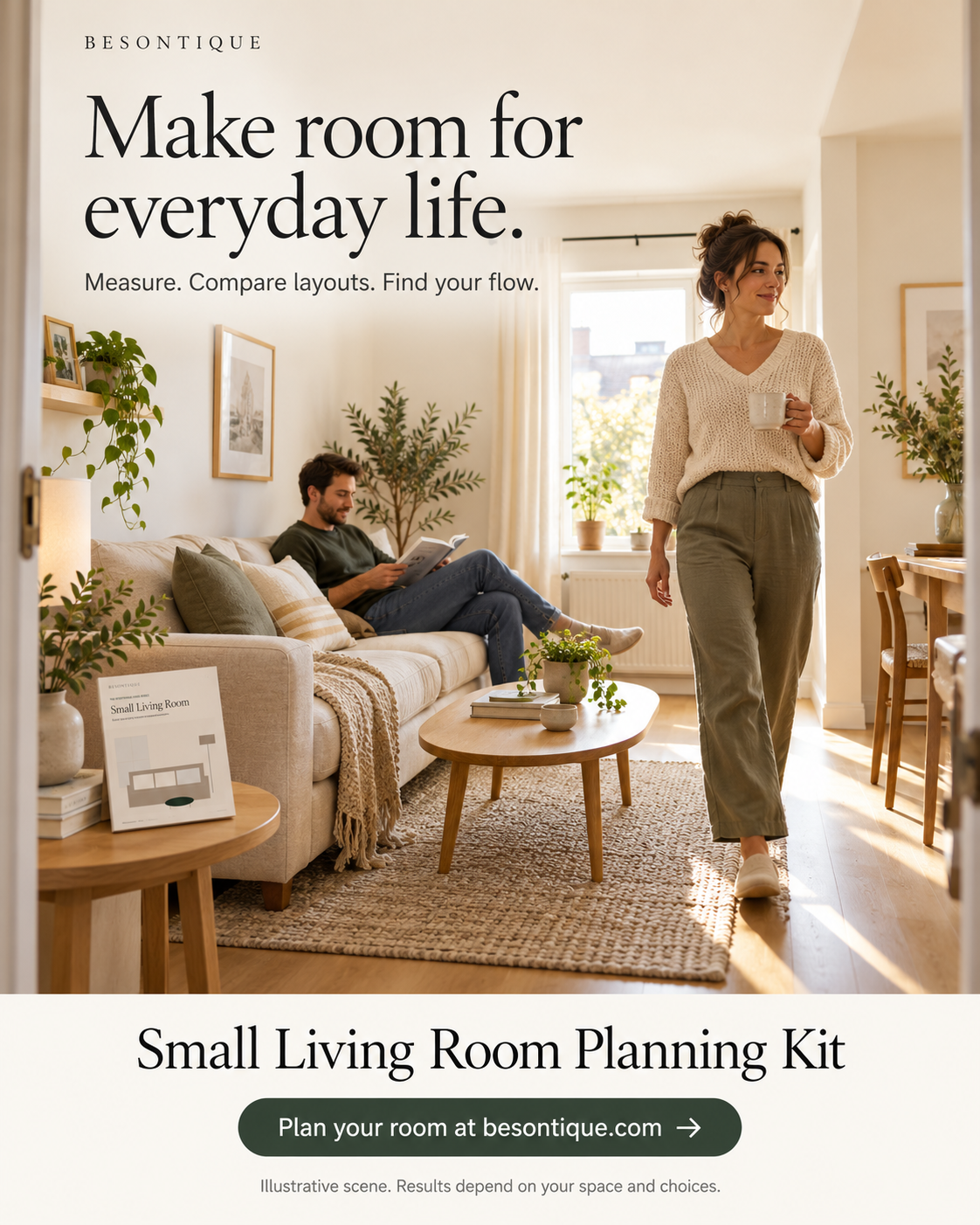 A lifestyle marketing graphic for the Besontique Small Living Room Planning Kit. The top half shows a warm, sunlit living room with a woman walking and a man relaxing on a sofa, with the text 'Make room for everyday life.