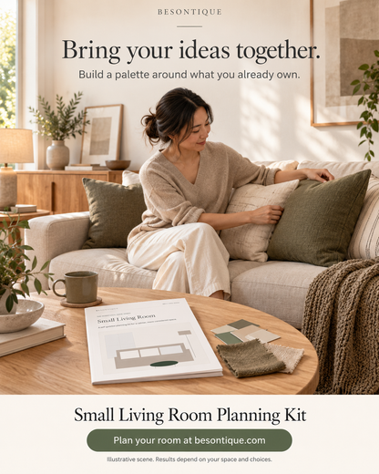 A lifestyle promotional graphic for the Besontique Small Living Room Planning Kit. It features a woman sitting on a beige sofa in a warm, sunlit living room, wearing a beige sweater and white pants.