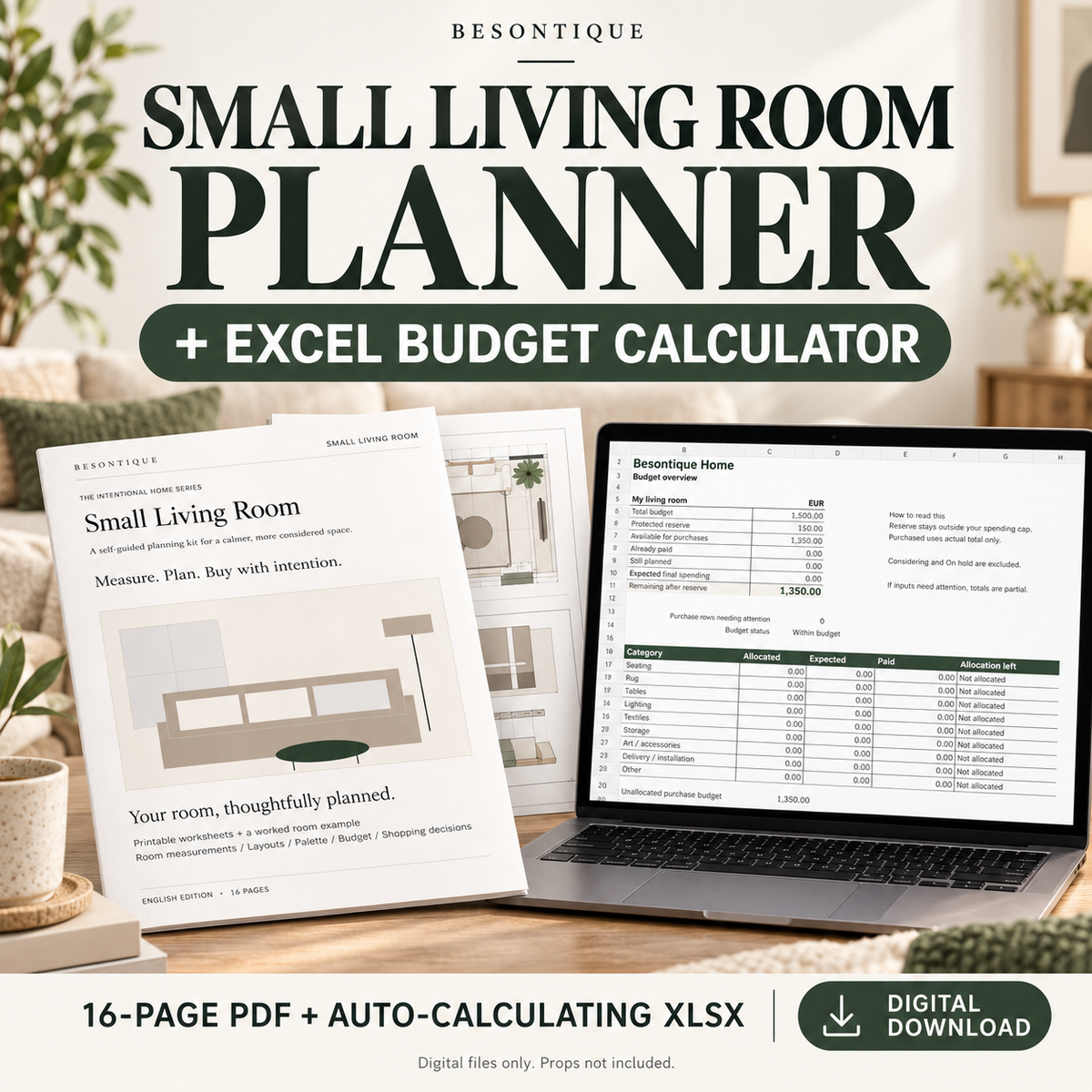 Promotional graphic for a digital planner product titled 'Small Living Room Planner + Excel Budget Calculator' by Besontique. The design shows a laptop displaying a spreadsheet budget sheet and a printed planner page in a styled interior setting with plants and furniture.