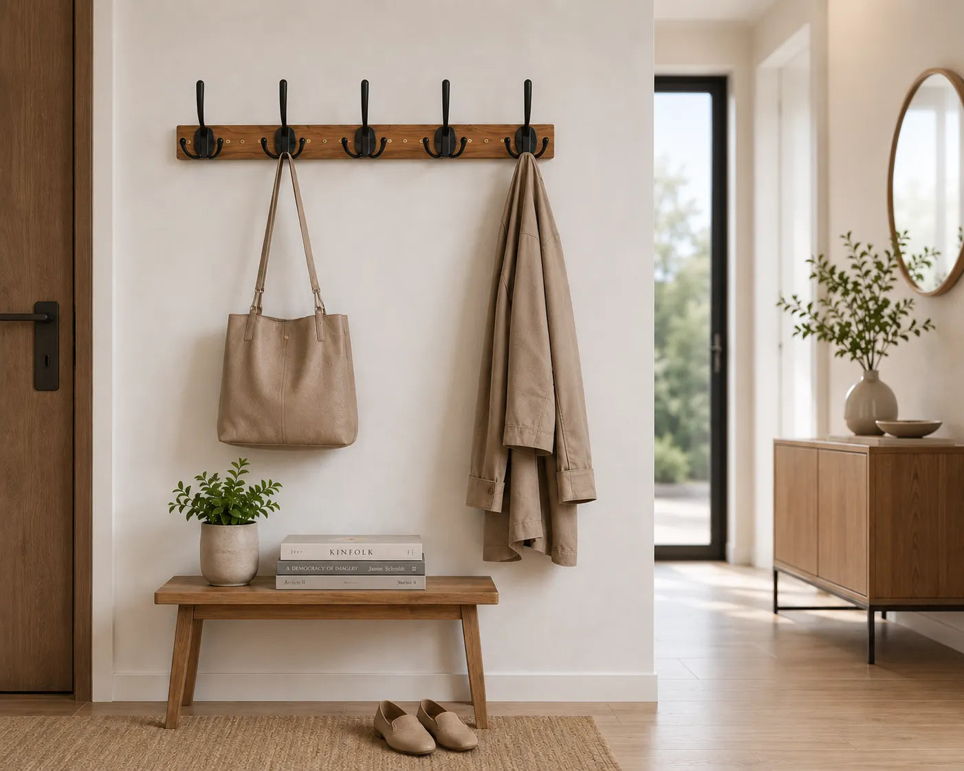 Modern Wooden Coat Rack Wall Mount with 5 Hooks Besontique Home Decor