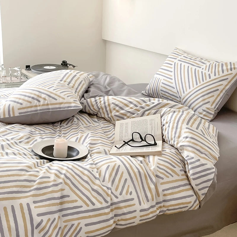 Cotton Stripe Printing Quilt Bedding Set │ High Quality Bed sheet Duvet Pillow Cover Besontique Home Decor