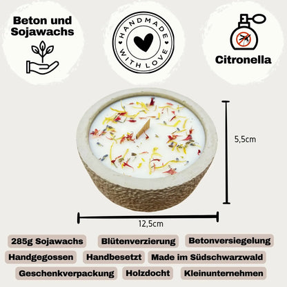 Limitierte Einzelstücke: Outdoor Citronella-Betonkerze „Mugge Schreck“ – Handgemachter Insektenschutz aus dem Südschwarzwald mit Blütenverzierung