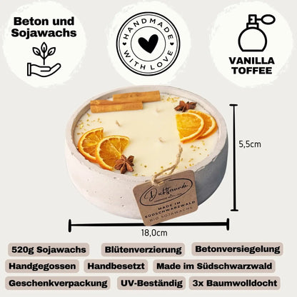 Handgemachte Betonkerze "Big Grey" 3x Baumwolldocht mit Duft Vanilla Toffee von DochtFreunde