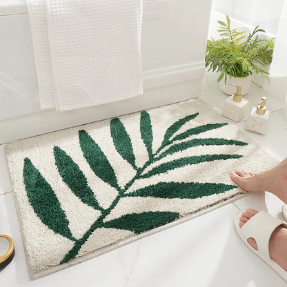 Green Leaves Microfiber Bathroom Rug │ Modern Nordic Style Non-slip Absorbent Soft Fluffy Bath Floor Mat
