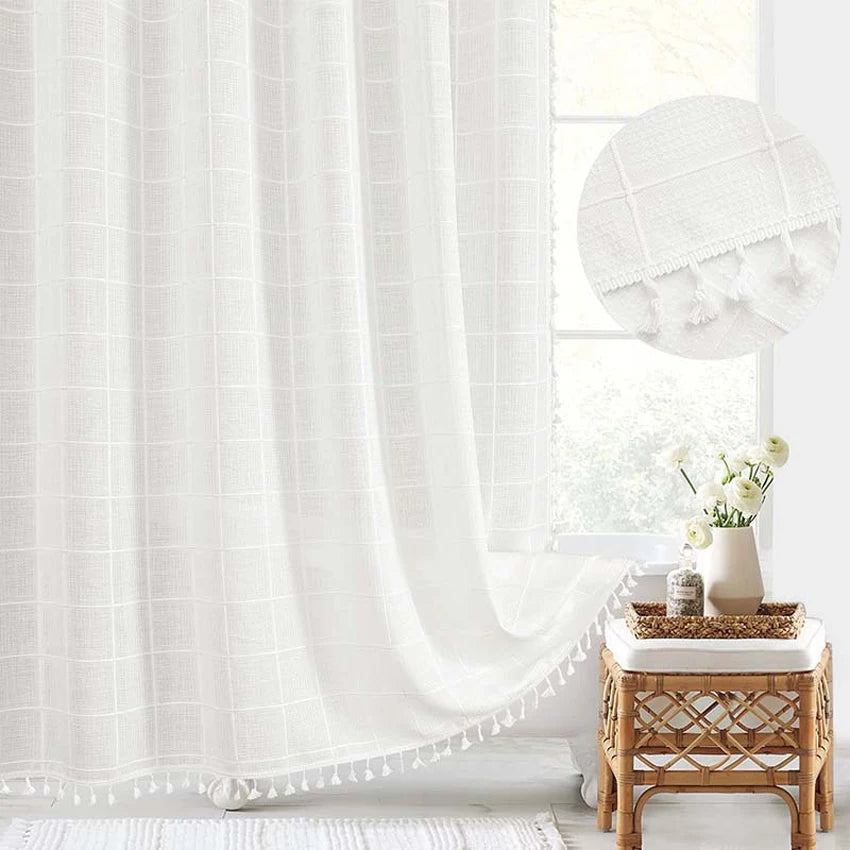 Modern Jacquard Linen Shower Curtain with Tassels (1 pcs)  │ For Nordic Style Bathroom Decor