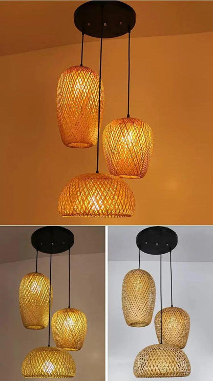 Bamboo Hanging Ceiling Lamp 3 Set │ Handmade Wooden Ratten Lighting For Home Decoration - Besontique Home
