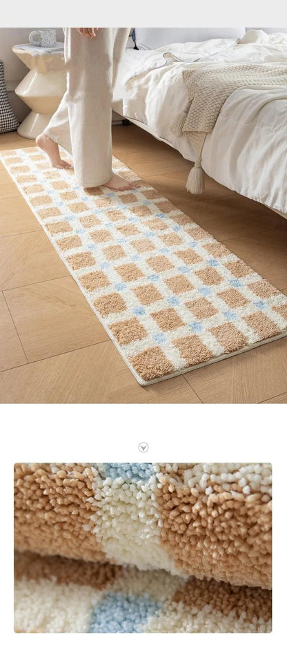 Beige Skyblue Plaid Bedroom Tufted Rug │ Chessboard Pattern Anti Slip Fluffy Bathroom Floor Mat - Besontique