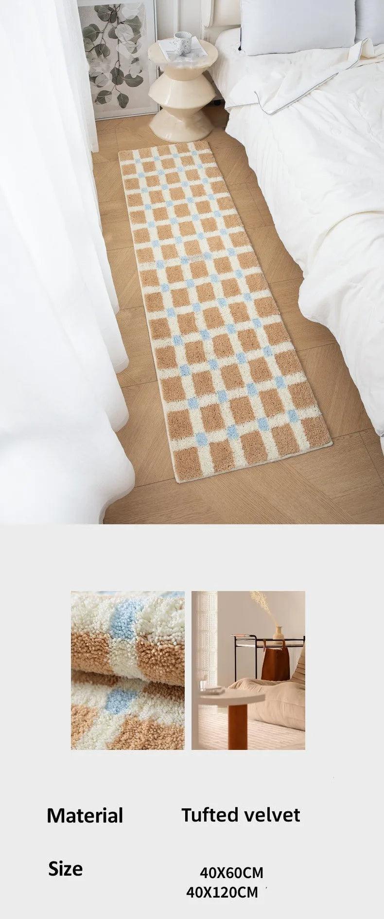 Beige Skyblue Plaid Bedroom Tufted Rug │ Chessboard Pattern Anti Slip Fluffy Bathroom Floor Mat - Besontique