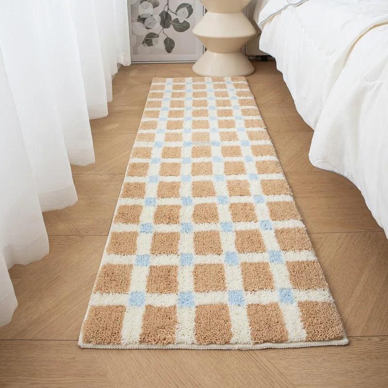 Beige Skyblue Plaid Bedroom Tufted Rug │ Chessboard Pattern Anti Slip Fluffy Bathroom Floor Mat - Besontique