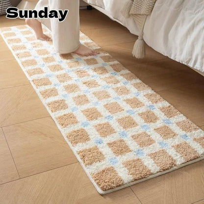 Beige Skyblue Plaid Bedroom Tufted Rug │ Chessboard Pattern Anti Slip Fluffy Bathroom Floor Mat - Besontique