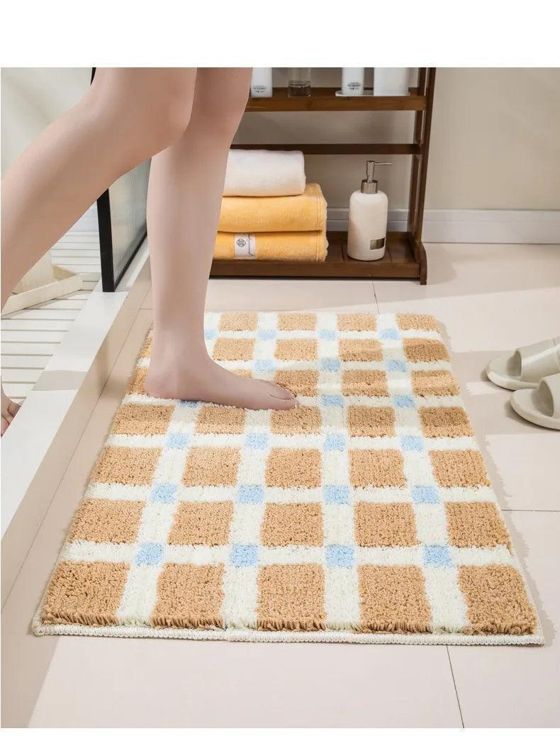 Beige Skyblue Plaid Bedroom Tufted Rug │ Chessboard Pattern Anti Slip Fluffy Bathroom Floor Mat - Besontique Home