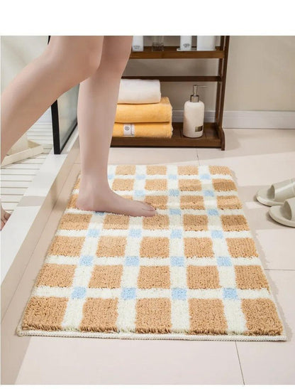 Beige Skyblue Plaid Bedroom Tufted Rug │ Chessboard Pattern Anti Slip Fluffy Bathroom Floor Mat - Besontique Home