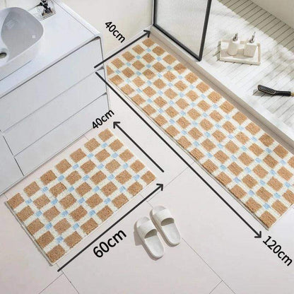 Beige Skyblue Plaid Bedroom Tufted Rug │ Chessboard Pattern Anti Slip Fluffy Bathroom Floor Mat - Besontique Home