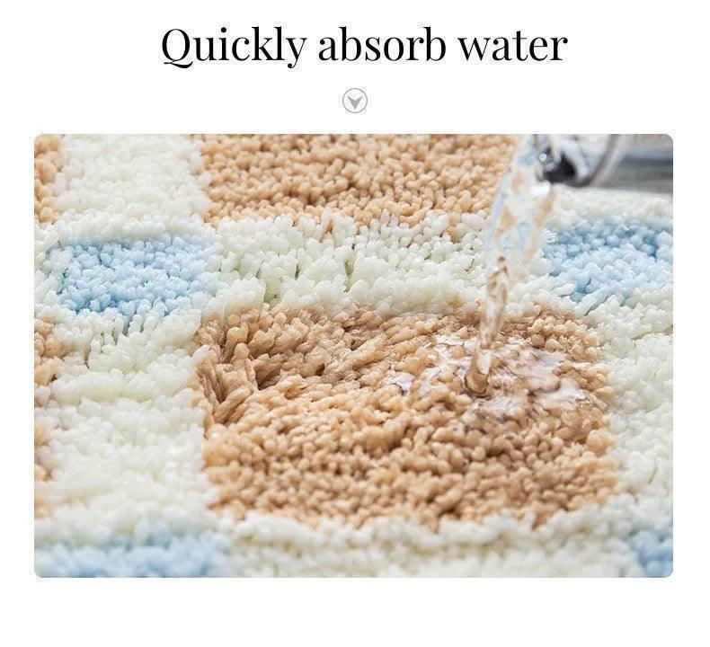 Beige Skyblue Plaid Bedroom Tufted Rug │ Chessboard Pattern Anti Slip Fluffy Bathroom Floor Mat - Besontique Home