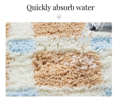 Beige Skyblue Plaid Bedroom Tufted Rug │ Chessboard Pattern Anti Slip Fluffy Bathroom Floor Mat - Besontique Home