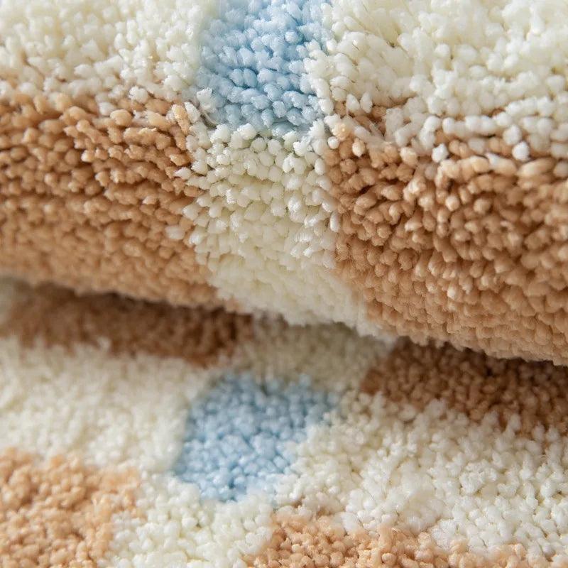 Beige Skyblue Plaid Bedroom Tufted Rug │ Chessboard Pattern Anti Slip Fluffy Bathroom Floor Mat - Besontique Home