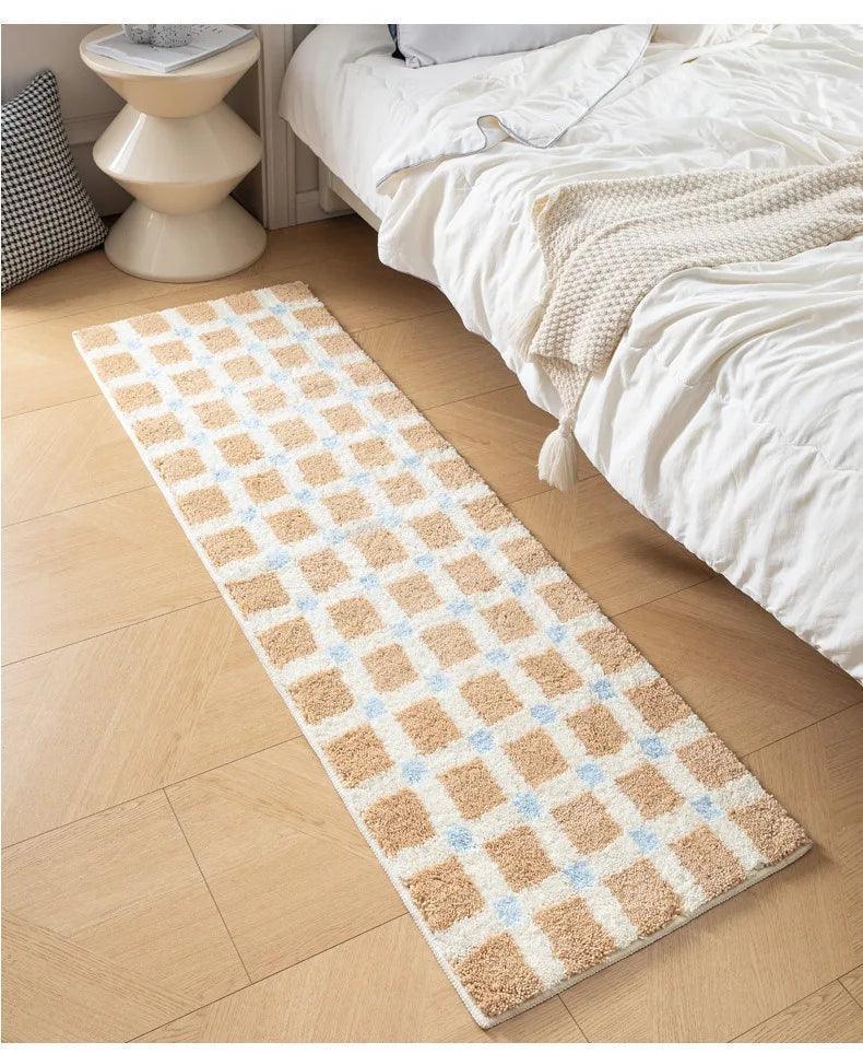 Beige Skyblue Plaid Bedroom Tufted Rug │ Chessboard Pattern Anti Slip Fluffy Bathroom Floor Mat - Besontique Home