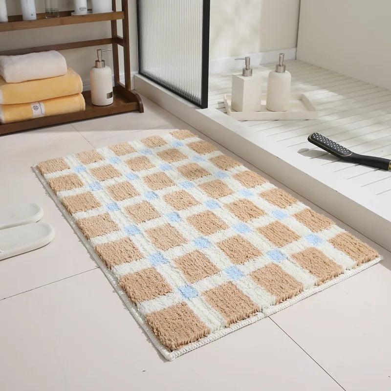 Beige Skyblue Plaid Bedroom Tufted Rug │ Chessboard Pattern Anti Slip Fluffy Bathroom Floor Mat - Besontique Home