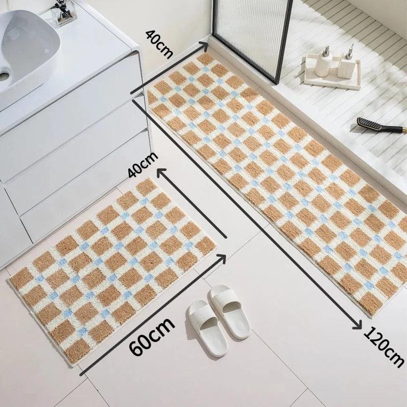 Beige Skyblue Plaid Bedroom Tufted Rug │ Chessboard Pattern Anti Slip Fluffy Bathroom Floor Mat - Besontique Home